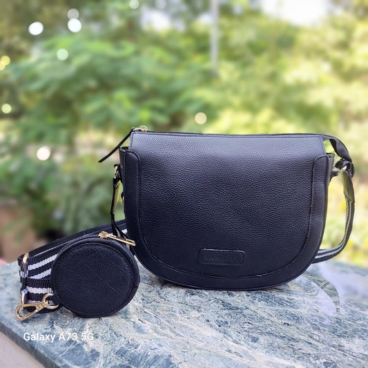 Rome Black Leather Half Moon Bag with Ear Pod Case