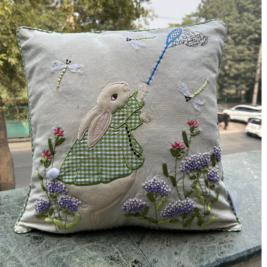 Green Check Jacket Bunny Embroidery  Cushion Cover