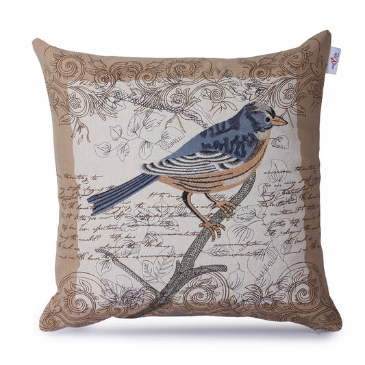 Embroidered Blue Sparrow Bird Cushion Cover