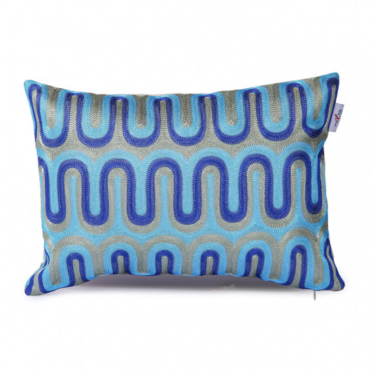 Blue Geometrical Embroidered Lumbar Cushion Cover